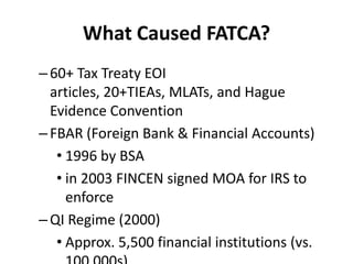 What Caused FATCA?
– 60+ Tax Treaty EOI
articles, 20+TIEAs, MLATs, and Hague
Evidence Convention
– FBAR (Foreign Bank & Financial Accounts)
• 1996 by BSA
• in 2003 FINCEN signed MOA for IRS to
enforce
– QI Regime (2000)
• Approx. 5,500 financial institutions (vs.

 