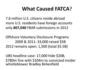 What Caused FATCA?
7.6 million U.S. citizens reside abroad
more U.S. residents have foreign accounts
only 807,040 FBAR submissions in 2012
Offshore Voluntary Disclosure Programs
2009 & 2011: 33,000 raised $5B
2012 remains open: 1,500 (total $5.5B)

UBS headline case: 17,000 hide $20B,
$780m fine with $104m to convicted insider
whistleblower Bradley Birkenfield

 