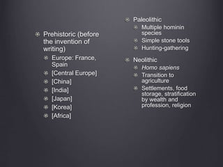 Prehistoric (before
the invention of
writing)
Europe: France,
Spain
[Central Europe]
[China]
[India]
[Japan]
[Korea]
[Africa]
Paleolithic
Multiple hominin
species
Simple stone tools
Hunting-gathering
Neolithic
Homo sapiens
Transition to
agriculture
Settlements, food
storage, stratification
by wealth and
profession, religion
 