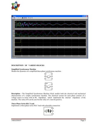 14EGCEE037 Page 3
DESCRIPTION OF VARIOUS BLOCKS
Simplified Synchronous Machine
Models the dynamics of a simplified three-phase synchronous machine.
Description : The Simplified Synchronous Machine block models both the electrical and mechanical
characteristics of a simple synchronous machine. The electrical system for each phase consists of a
voltage source in series with an RL impedance, which implements the internal impedance of the
machine. The value of R can be zero but the value of L must be positive.
Three-Phase Series RLC Load
Implements a three-phase series RLC load with selectable connection.
 