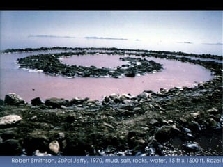 Robert Smithson, Spiral Jetty, 1970, mud, salt, rocks, water, 15 ft x 1500 ft, Rozel P
 