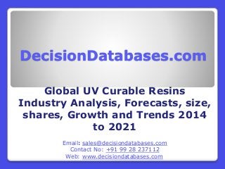 DecisionDatabases.com
Global UV Curable Resins
Industry Analysis, Forecasts, size,
shares, Growth and Trends 2014
to 2021
Email: sales@decisiondatabases.com
Contact No: +91 99 28 237112
Web: www.decisiondatabases.com
 