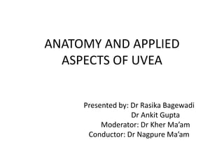 ANATOMY AND APPLIED
ASPECTS OF UVEA
Presented by: Dr Rasika Bagewadi
Dr Ankit Gupta
Moderator: Dr Kher Ma’am
Conductor: Dr Nagpure Ma’am
 