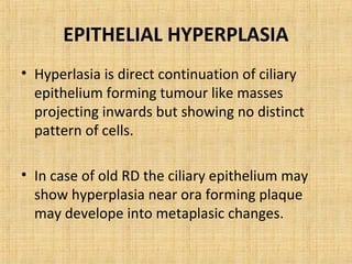 EPITHELIAL HYPERPLASIA
• Hyperlasia is direct continuation of ciliary
  epithelium forming tumour like masses
  projecting inwards but showing no distinct
  pattern of cells.

• In case of old RD the ciliary epithelium may
  show hyperplasia near ora forming plaque
  may develope into metaplasic changes.
 