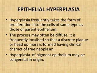 EPITHELIAL HYPERPLASIA
• Hyperplasia frequently takes the form of
  proliferation into the cells of same type as
  those of parent epithelium.
• The process may often be diffuse, it is
  frequently localised so that a discrete plaque
  or head up mass is formed having clinical
  charact of true neoplasm.
• Hyperplasia of pigment epithelium may be
  congenital in origin.
 