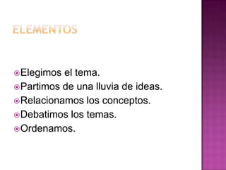  Elegimos el tema.
 Partimos de una lluvia de ideas.
 Relacionamos los conceptos.
 Debatimos los temas.
 Ordenamos.
 
