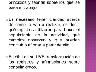principios y teorías sobre los que se
 basa el trabajo.

 Esnecesario tener claridad acerca
 de cómo lo van a realizar, es decir,
 qué registros utilizarán para hacer el
 seguimiento de la actividad, qué
 cambios observan y qué pueden
 concluir o afirmar a partir de ello.

 Escribir
         en su UVE transformación de
 los registros y afirmaciones sobre
 conocimientos.
 