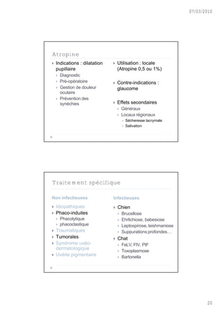 07/03/2010




Atropine
   Indications : dilatation      Utilisation : locale
    pupillaire                     (Atropine 0,5 ou 1%)
       Diagnostic
       Pr€-op€ratoire            Contre-indications :
       Gestion de douleur         glaucome
        oculaire
       Pr€vention des
        syn€chies                 Effets secondaires
                                      G€n€raux
                                      Locaux r€gionaux
                                          S€cheresse lacrymale
                                          Salivation




Traitement spécifique

Non infectieuses               Infectieuses
   Idiopathiques                 Chien
   Phaco-induites                    Brucellose
       Phacolytique                  Ehrlichiose, babesiose
       phacoclastique                Leptospirose, leishmaniose
   Traumatiques                      Suppurations profondes…
   Tumorales                     Chat
   Syndrome uv€o-                    FeLV, FIV, PIF
    dermatologique
                                      Toxoplasmose
   Uv€ite pigmentaire                Bartonella




                                                                           20
 