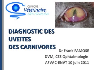 DIAGNOSTIC DES
UVEITES
DES CARNIVORES

Dr Frank FAMOSE
DVM, CES Ophtalmologie
AFVAC-ENVT 10 juin 2011

 