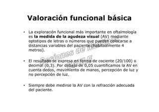 Valoración funcional básica
• La exploración funcional más importante en oftalmología
  es la medida de la agudeza visual (AV) mediante
  optotipos de letras o números que pueden colocarse a
  distancias variables del paciente (habitualmente 4
  metros).

• El resultado se expresa en forma de cociente (20/100) o
  decimal (0,3). Por debajo de 0,05 cuantificamos la AV en
  cuenta dedos, movimiento de manos, percepción de luz y
  no percepción de luz.

• Siempre debe medirse la AV con la refracción adecuada
  del paciente.
 