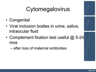 Cytomegalovirus
• Congenital
• Viral inclusion bodies in urine, saliva,
intraocular fluid
• Complement fixation test useful @ 5-24
mos
– after loss of maternal antibodies
 