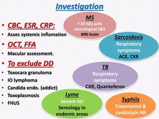 Investigation
• CBC, ESR, CRP:
• Asses systemic inflamation
• OCT, FFA
• Macular assessment.
• To exclude DD
• Toxocara granuloma
• IO lymphoma
• Candida endo. (addict)
• Toxoplasmosis
• FHUS
MS
F 20-50y with
neurological S&S
MRI brain
Sarcoidosis
Respiratory
symptoms
ACE, CXR
TB
Respiratory
symptoms
CXR, Quanteferon
Lyme
Severe AU
Sereology in
endemic areas
Syphiis
Treponemal &
cardiolipin AB
 