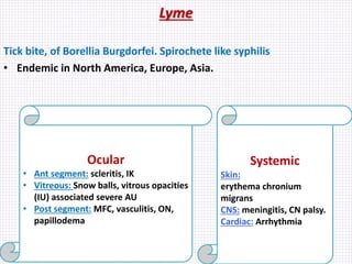 Lyme
Tick bite, of Borellia Burgdorfei. Spirochete like syphilis
• Endemic in North America, Europe, Asia.
Ocular
• Ant segment: scleritis, IK
• Vitreous: Snow balls, vitrous opacities
(IU) associated severe AU
• Post segment: MFC, vasculitis, ON,
papillodema
Systemic
Skin:
erythema chronium
migrans
CNS: meningitis, CN palsy.
Cardiac: Arrhythmia
 