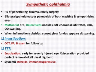 Sympathetic ophthalmia
• Hx of penetrating trauma, rarely surgery.
• Bilateral granulomatous panuveitis of both wxciting & sympathizing
eyes.
• Mutton fat KPs, Dalen fuchs nodules, MF choroidal infiltrates, ERD,
OD swelling.
• When inflamation subsides, sunset glow fundus appears dt scarring.
Investigation:
• OCT, FA, B scan: for follow up
TTT:
• Enucleation: early for severly injured eye. Evisceration provided
perfect removal of all uveal pigment.
• Systemic steroids, immunesuppressive.
 