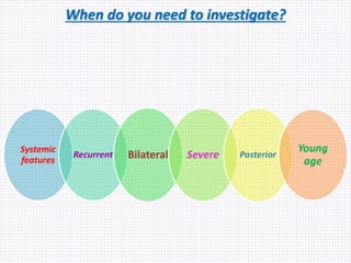 When do you need to investigate?
Systemic
features
Recurrent Bilateral Severe Posterior
Young
age
 