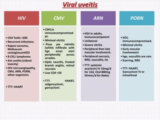 Viral uveitis
HIV
•CD4 Tcells <200
•Recurrent infections
•Kaposi sarcoma,
Molluscum
contagiosumHZO
•B CELL lymphoma
•Ant uveitis (cidovir
toxicity)
•HIV microangiopathy,
CMV, ARN, PORN,
other organisms
•TTT: HAART
CMV
•CMV,in
immunecompromised
pt.
•Minimal vitritis
• Pizza pie retinitis
(whitis infiltrate with
hge area) start
peripherally across
arcades.
•Optic neuritis, frosted
branch angitis, retinal
necrosis
•Low CD4 <50
•TTT: HAART,
valgancyclovir,
gancyclovir.
ARN
•HSV in adults,
immunecompetent
•Unilateral
•Severe vitritis
•Peripheral then late
macular involvment.
•Peripheral necrosis,
RRD, vasculitis, he
•TTT: systemic
acyclovir( IV 10mg/d
for 12d, Oral 800mg
5times/d for 8wks)
PORN
•HZV,
immunecompromised.
•Minimal vitritis
•Early macular
involvement
•hge, vasculitis are rare
•Scarring, RRD
•TTT: HAART,
Gancyclovir IV or
intravitreal
 