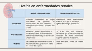 Uveítis en enfermedades renales
Nefritis tubulointersticial Glomerulonefritis por IgA
Definicion
Trastorno infrecuente de origen
inmunitario. Se presenta en
adolescentes del sexo femenino. La
nefropatía acostumbra a preceder a la
uveítis
Enfermedad renal relativamente
habitual en la que se encuentra
IgA en el mesangio glomerular.
Presentaciòn
Proteinuria, anemia, hipertensión e
insuficiencia renal. Tratamiento con
corticoides sistémicos y se resuelve en
unos meses.
30 a 60 años, con hematuria
recurrente que puede asociarse con
infección del tracto respiratorio
superior y dolores musculares.
Uveitis
La uveitis suele ser anterior, bilateral y
no granulomatosa, y responde bien a
los corticoides tópicos.
Poco frecuente, suele ser uveitis
anterior.
 