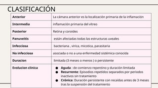 CLASIFICACIÓN
Anterior La cámara anterior es la localización primaria de la inflamación
Intermedia inflamación primaria del vítreo
Posterior Retina y coroides
Panuveitis están afectadas todas las estructuras uveales
Infecciosa bacteriana , virica, micotica, parasitaria
No infecciosa asociada o no a una enfermedad sistémica conocida
Duracion limitada (3 meses o menos ) o persistente
Evolucion clinica ● Aguda : de comienzo repentino y duración limitada
● Recurrente: Episodios repetidos separados por periodos
inactivos sin tratamiento
● Crónica: Duración persistente con recaídas antes de 3 meses
tras la suspensión del tratamiento
 