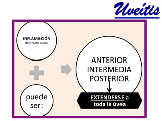 Uveítis	
  
INFLAMACIÓN	
  
del	
  tracto	
  uveal	
  	
  
puede	
  
ser:	
  	
  
ANTERIOR	
  
INTERMEDIA	
  
POSTERIOR	
  	
  
EXTENDERSE	
  a	
  
toda	
  la	
  úvea	
  	
  	
  
 