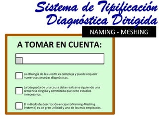 A	
  TOMAR	
  EN	
  CUENTA:	
  	
  
La	
  e@ología	
  de	
  las	
  uveí@s	
  es	
  compleja	
  y	
  puede	
  requerir	
  
numerosas	
  pruebas	
  diagnós@cas.	
  
La	
  búsqueda	
  de	
  una	
  causa	
  debe	
  realizarse	
  siguiendo	
  una	
  
secuencia	
  dirigida	
  y	
  op@mizada	
  que	
  evite	
  estudios	
  
innecesarios.	
  
El	
  método	
  de	
  descripción-­‐encajar	
  («Naming-­‐Meshing	
  
System»)	
  es	
  de	
  gran	
  u@lidad	
  y	
  uno	
  de	
  los	
  más	
  empleados.	
  
NAMING	
  -­‐	
  MESHING	
  
Sistema de Tipificación
Diagnóstica Dirigida	
  
 