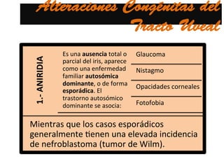 Alteraciones Congénitas del
Tracto Uveal
1.-­‐	
  ANIRIDIA	
  	
  
Es	
  una	
  ausencia	
  total	
  o	
  
parcial	
  del	
  iris,	
  aparece	
  
como	
  una	
  enfermedad	
  
familiar	
  autosómica	
  
dominante,	
  o	
  de	
  forma	
  
esporádica.	
  El	
  
trastorno	
  autosómico	
  
dominante	
  se	
  asocia:	
  	
  
Glaucoma	
  
Nistagmo	
  
Opacidades	
  corneales	
  
Fotofobia	
  
Mientras	
  que	
  los	
  casos	
  esporádicos	
  
generalmente	
  @enen	
  una	
  elevada	
  incidencia	
  
de	
  nefroblastoma	
  (tumor	
  de	
  Wilm).	
  
 