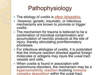 Pathophysiology
 The etiology of uveitis is often idiopathic.
 However, genetic, traumatic, or infectious
mechanisms are known to promote or trigger
uveitis.
 The mechanism for trauma is believed to be a
combination of microbial contamination and
accumulation of necrotic products at the site of
injury, thereby stimulating proinflammatory
processes.
 For infectious etiologies of uveitis, it is postulated
that the immune reaction directed against foreign
molecules or antigens may injure the uveal tract
vessels and cells.
 When uveitis is found in association with
autoimmune disorders, the mechanism may be a
hypersensitivity reaction involving immune
complex deposition within the uveal tract.
 