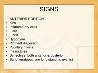 SIGNS
ANTERIOR PORTION
• KPs
• Inflammatory cells
• Flare
• Fibrin
• Hypopyon
• Pigment dispersion
• Pupillary miosis
• Iris nodules
• Synechiae, both anterior & posterior
• Band keratopathy(in long standing uveitis)
 