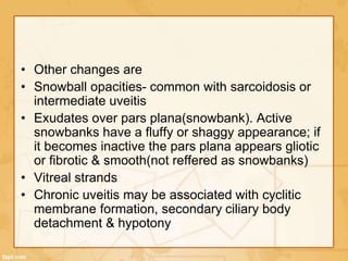 • Other changes are
• Snowball opacities- common with sarcoidosis or
intermediate uveitis
• Exudates over pars plana(snowbank). Active
snowbanks have a fluffy or shaggy appearance; if
it becomes inactive the pars plana appears gliotic
or fibrotic & smooth(not reffered as snowbanks)
• Vitreal strands
• Chronic uveitis may be associated with cyclitic
membrane formation, secondary ciliary body
detachment & hypotony
 
