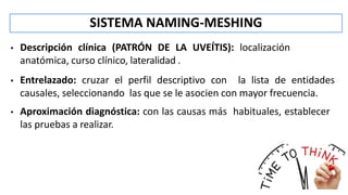 SISTEMA NAMING-MESHING
 Descripción clínica (PATRÓN DE LA UVEÍTIS): localización
anatómica, curso clínico, lateralidad .
 Entrelazado: cruzar el perfil descriptivo con la lista de entidades
causales, seleccionando las que se le asocien con mayor frecuencia.
 Aproximación diagnóstica: con las causas más habituales, establecer
las pruebas a realizar.
 