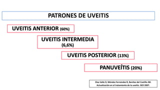 PATRONES DE UVEITIS
UVEITIS ANTERIOR (60%)
UVEITIS INTERMEDIA
(6,6%)
UVEITIS POSTERIOR (13%)
PANUVEÍTIS (20%)
Díaz Valle D, Méndez Fernández R, Benítez del Castillo JM.
Actualización en el tratamiento de la uveítis. SEO 2007.
 