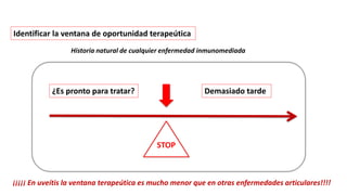 Identificar la ventana de oportunidad terapeútica
¿Es pronto para tratar? Demasiado tarde
STOP
Historia natural de cualquier enfermedad inmunomediada
¡¡¡¡¡ En uveítis la ventana terapeútica es mucho menor que en otras enfermedades articulares!!!!
 