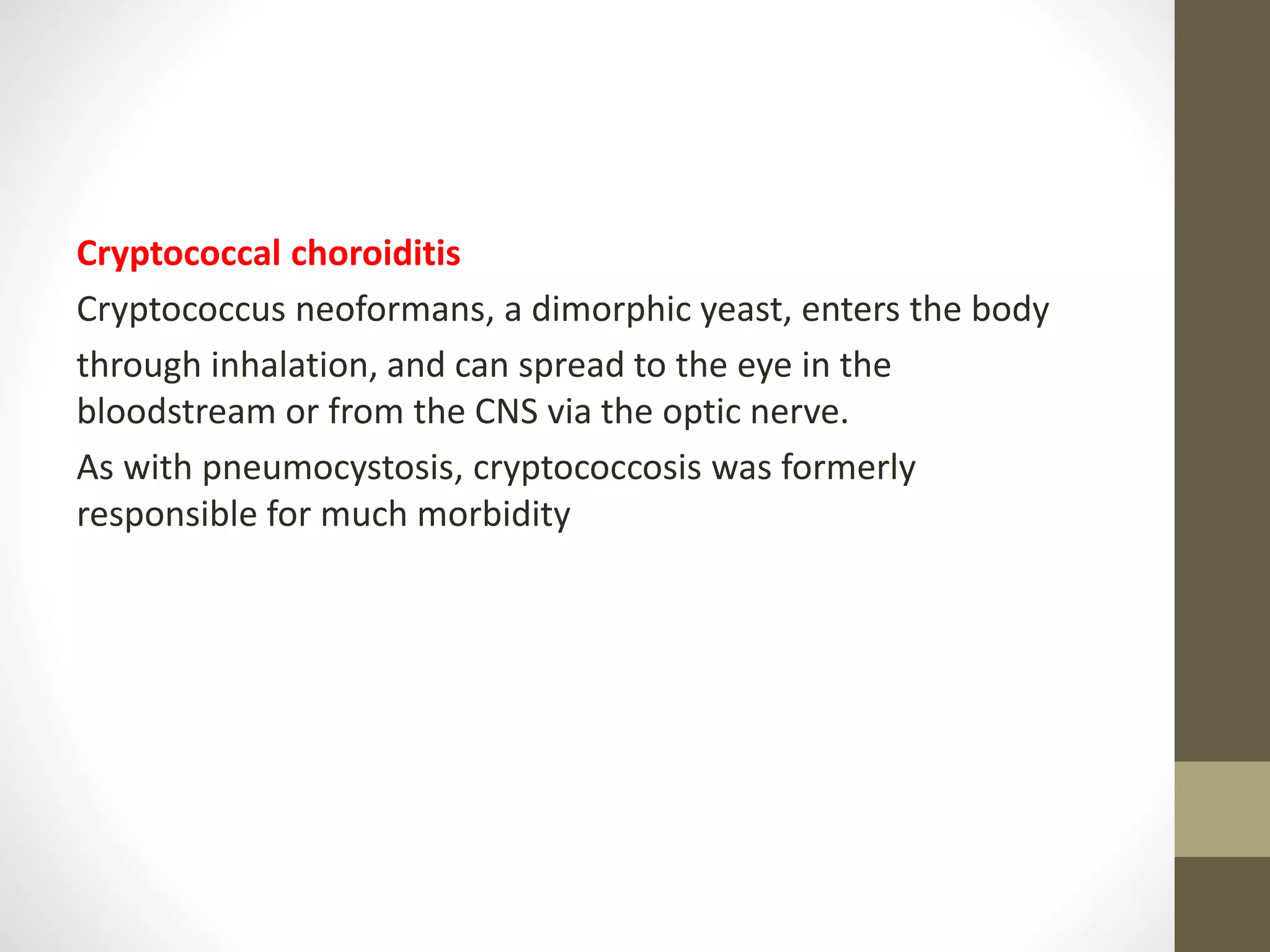 Cryptococcal choroiditis
Cryptococcus neoformans, a dimorphic yeast, enters the body
through inhalation, and can spread to the eye in the
bloodstream or from the CNS via the optic nerve.
As with pneumocystosis, cryptococcosis was formerly
responsible for much morbidity
 