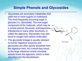 © Copyright PCNM 2011
Simple Phenols and Glycosides
• Glycosides are secondary metabolites that
yield one or more sugars on hydrolysis.
The most frequently occurring sugar is
glucose (i.e. Glycoside). The non-sugar
component of the molecule, which may be
a simple phenol, flavonoid, anthraquinone,
triterpenoid or many other structures, is
called the aglycone. Glycosides may also
bond to oxygen and carbon molecules.
• The glycoside linkage is usually resistant
to human digestive enzymes and
glycosides are often poorly absorbed from
the digestive tract. As a result they travel
to the large intestines where microbial
activity forms the aglycone, which is then
absorbed into the bloodstream.
 