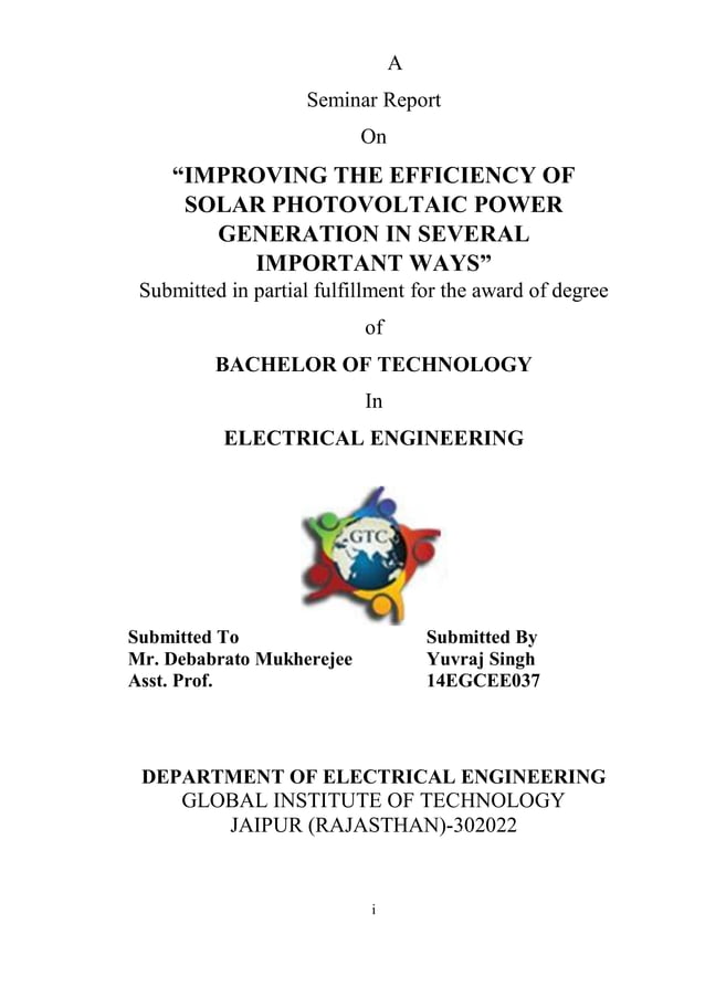 Report on the IMPROVING THE EFFICIENCY OF SOLAR PHOTOVOLTAIC POWER ...