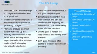 The UV Lamp
13Sources: Viqua, Water Online/Aquionics, American Air and Water
Types of UV Lamps
Cold Cathode Germicidal UV
Lamps
Hot Cathode Germicidal UV
Lamps
Slimline Germicidal UV
Lamps
High Output Germicidal UV
Lamps
Ultraviolet Light Emitting
Diodes
• Produces UV-C, the wavelength
of UV light which is considered
to be germicidal
• Traditionally contain mercury, to
which electricity is applied for
generating UV light
• Filaments produce electrical
current that heats up the
mercury and evaporates it into
the air inside the lamp which
helps create electrical arcs that
produce UV-C at varying
intensities for disinfection
• Lamp structure may be made of
soft glass or quartz glass
• Soft glass is cheaper but more
likely to break and can also
cloud with time impeding the
transmission UV-C and making
it less effective over time
• Quartz glass is harder, less
likely to cloud and thereby more
effective
• Both glass types are often
coated to increase transmission
efficiency
 