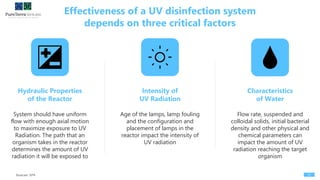 Effectiveness of a UV disinfection system
depends on three critical factors
15Sources: EPA
Hydraulic Properties
of the Reactor
System should have uniform
flow with enough axial motion
to maximize exposure to UV
Radiation. The path that an
organism takes in the reactor
determines the amount of UV
radiation it will be exposed to
Intensity of
UV Radiation
Age of the lamps, lamp fouling
and the configuration and
placement of lamps in the
reactor impact the intensity of
UV radiation
Characteristics
of Water
Flow rate, suspended and
colloidal solids, initial bacterial
density and other physical and
chemical parameters can
impact the amount of UV
radiation reaching the target
organism
 