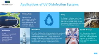 Applications of UV Disinfection Systems
32
Wastewater
WWTP are increasingly
employing UV
Disinfection over
Chemical-based
disinfection
Drinking Water
The cost of UV
technology is typically
about 1/5th that of
ozone disinfection and
1/10th the cost of
membrane filtration
Water Reuse
UV offers the benefits of not producing by-products
and replaces a complicated three step chemical
disinfection process with a single physical UV
process. When a chemical disinfection process is
used, the reuse water must be chlorinated,
dechlorinated and then aerated if required
Dairy
In the dairy industry, water is an
extremely valuable resource
because of its wide range of uses
throughout the production process
for almost all dairy products
Food & Beverage
UV Disinfection does not
add anything to water or
food, nor does it generate
harmful by-products or
alter aesthetic appearance
or quality
 