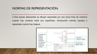 Arq. Cecilia Mendoza Schietekat
NORMAS DE REPRESENTACIÓN.
2.-Dos piezas adyacentes se dibujan separadas por una única línea de contorno
cuando hay contacto entre sus superficies, introducción normas rayados y
separadas cuando hay holgura.
 