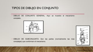 Arq. Cecilia Mendoza Schietekat
TIPOS DE DIBUJO EN CONJUNTO
• DIBUJO DE CONJUNTO GENERAL: Aquí se muestra el mecanismo
completo.
• DIBUJO DE SUBCONJUNTO: Son las partes (normalmente las mas
complejas) que conforman el mecanismo.
 