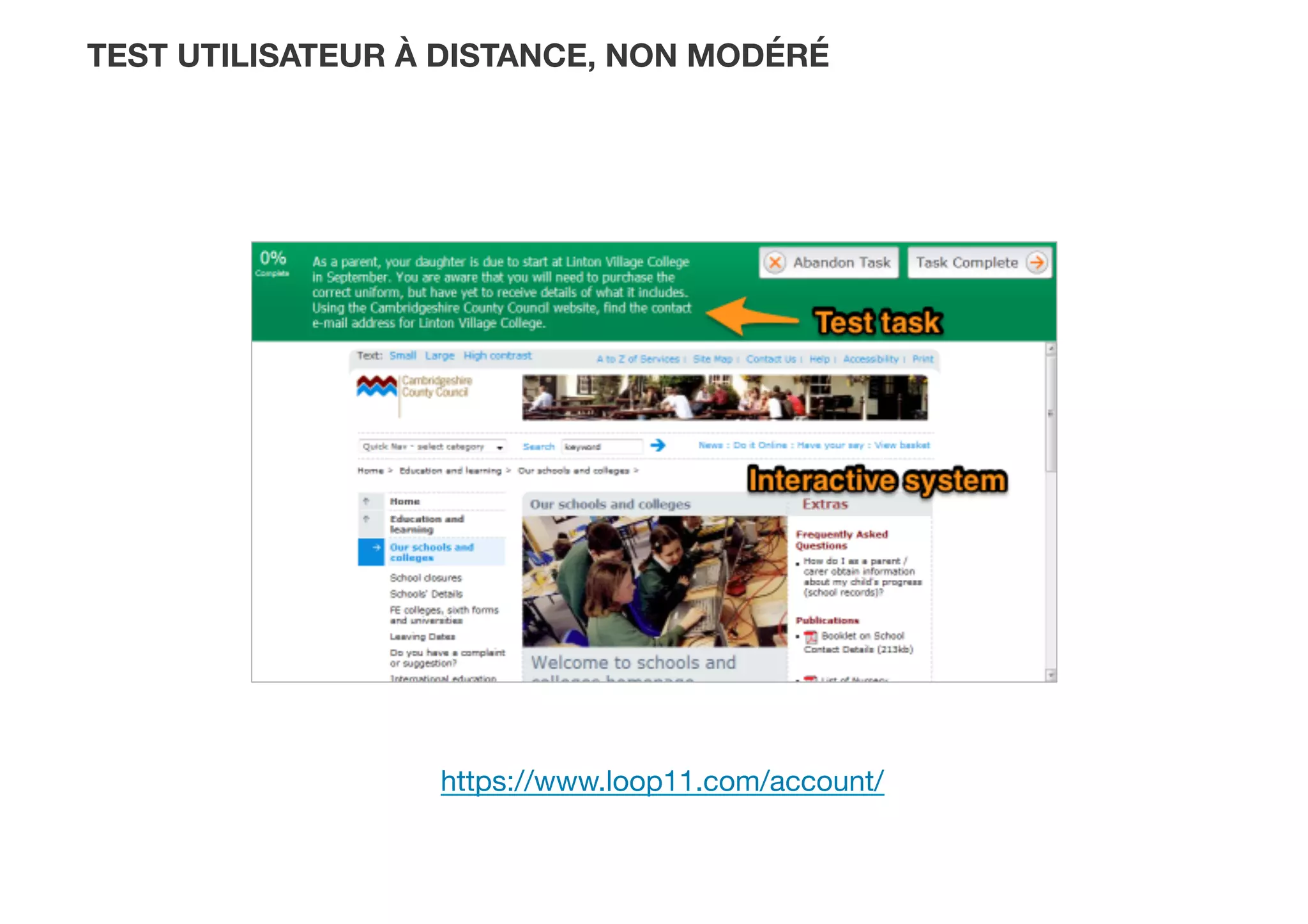 TEST UTILISATEUR À DISTANCE, NON MODÉRÉ
https://www.loop11.com/account/
 