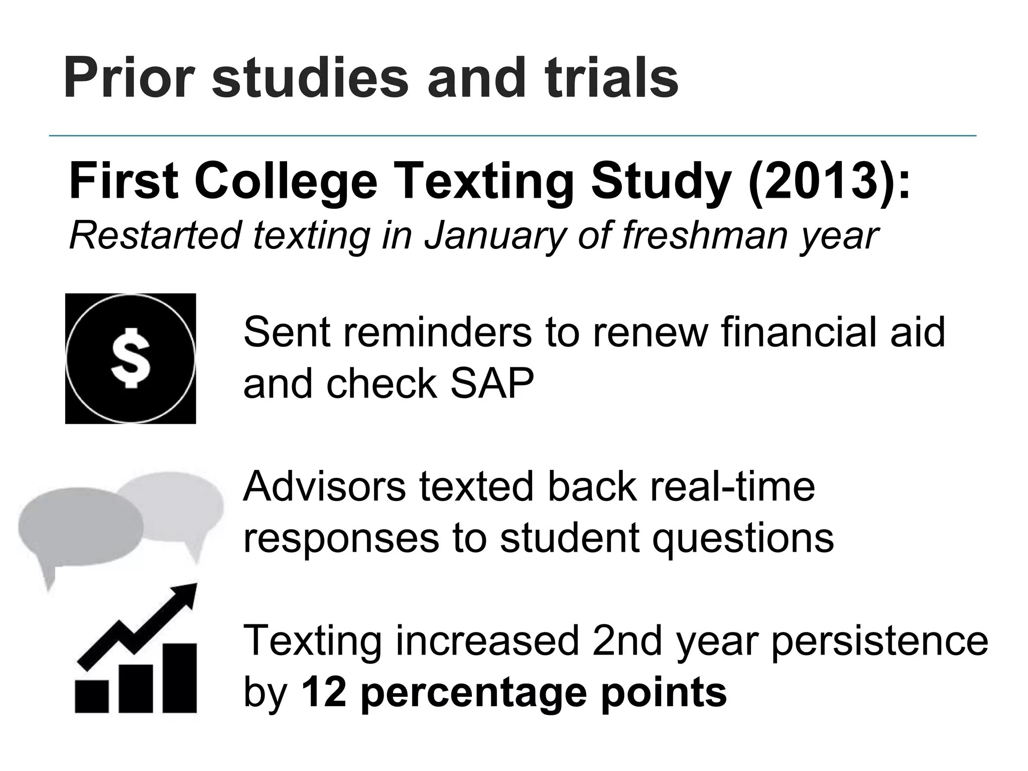 Prior studies and trials
Sent reminders to renew financial aid
and check SAP
Advisors texted back real-time
responses to student questions
Texting increased 2nd year persistence
by 12 percentage points
First College Texting Study (2013):
Restarted texting in January of freshman year
 