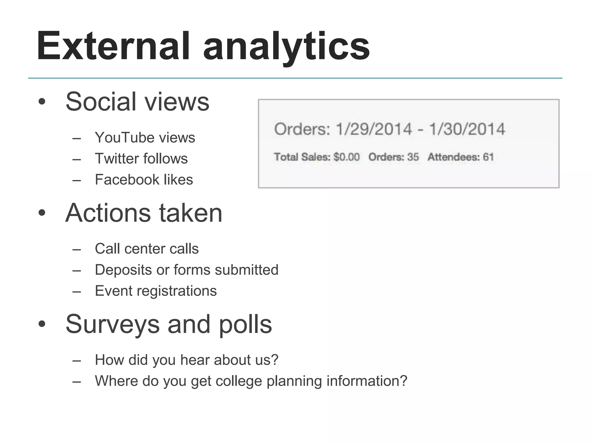External analytics
• Social views
– YouTube views
– Twitter follows
– Facebook likes
• Actions taken
– Call center calls
– Deposits or forms submitted
– Event registrations
• Surveys and polls
– How did you hear about us?
– Where do you get college planning information?
 