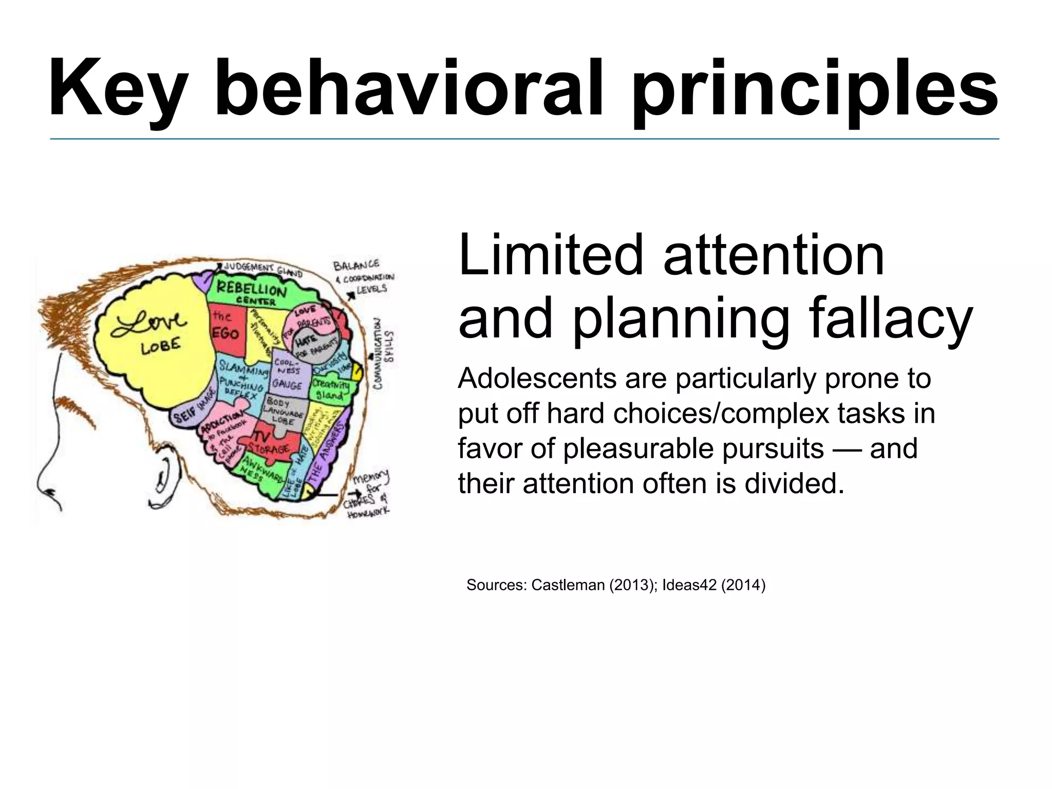 Key behavioral principles
Sources: Castleman (2013); Ideas42 (2014)
Limited attention
and planning fallacy
Adolescents are particularly prone to
put off hard choices/complex tasks in
favor of pleasurable pursuits — and
their attention often is divided.
 