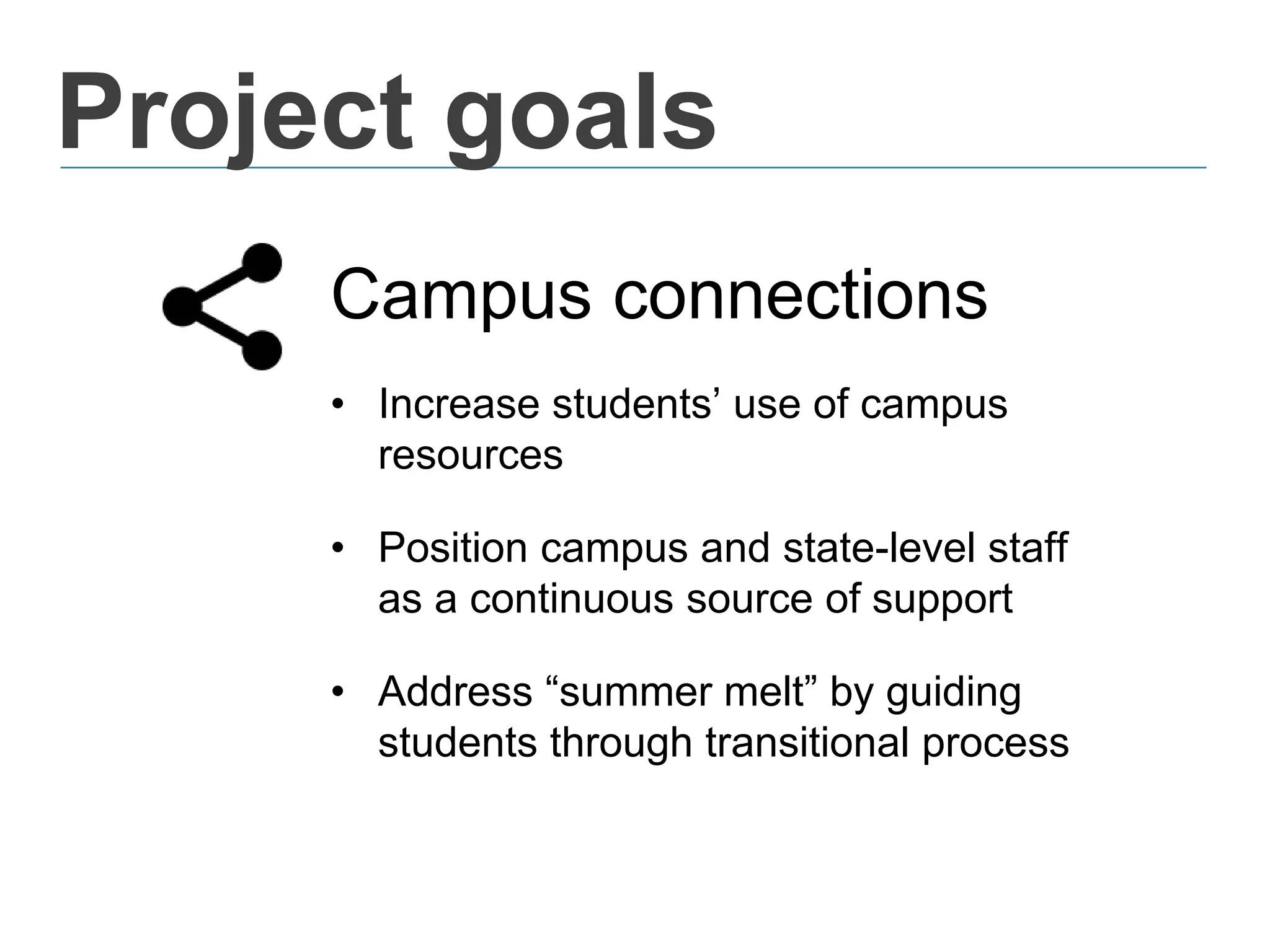 Project goals
Campus connections
• Increase students’ use of campus
resources
• Position campus and state-level staff
as a continuous source of support
• Address “summer melt” by guiding
students through transitional process
 