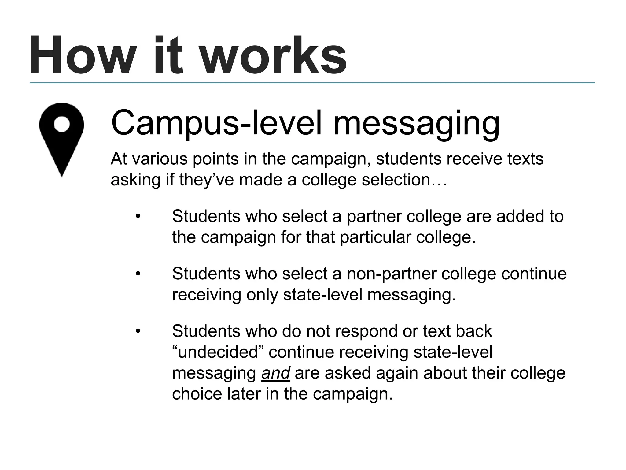 How it works
Campus-level messaging
At various points in the campaign, students receive texts
asking if they’ve made a college selection…
• Students who select a partner college are added to
the campaign for that particular college.
• Students who select a non-partner college continue
receiving only state-level messaging.
• Students who do not respond or text back
“undecided” continue receiving state-level
messaging and are asked again about their college
choice later in the campaign.
 