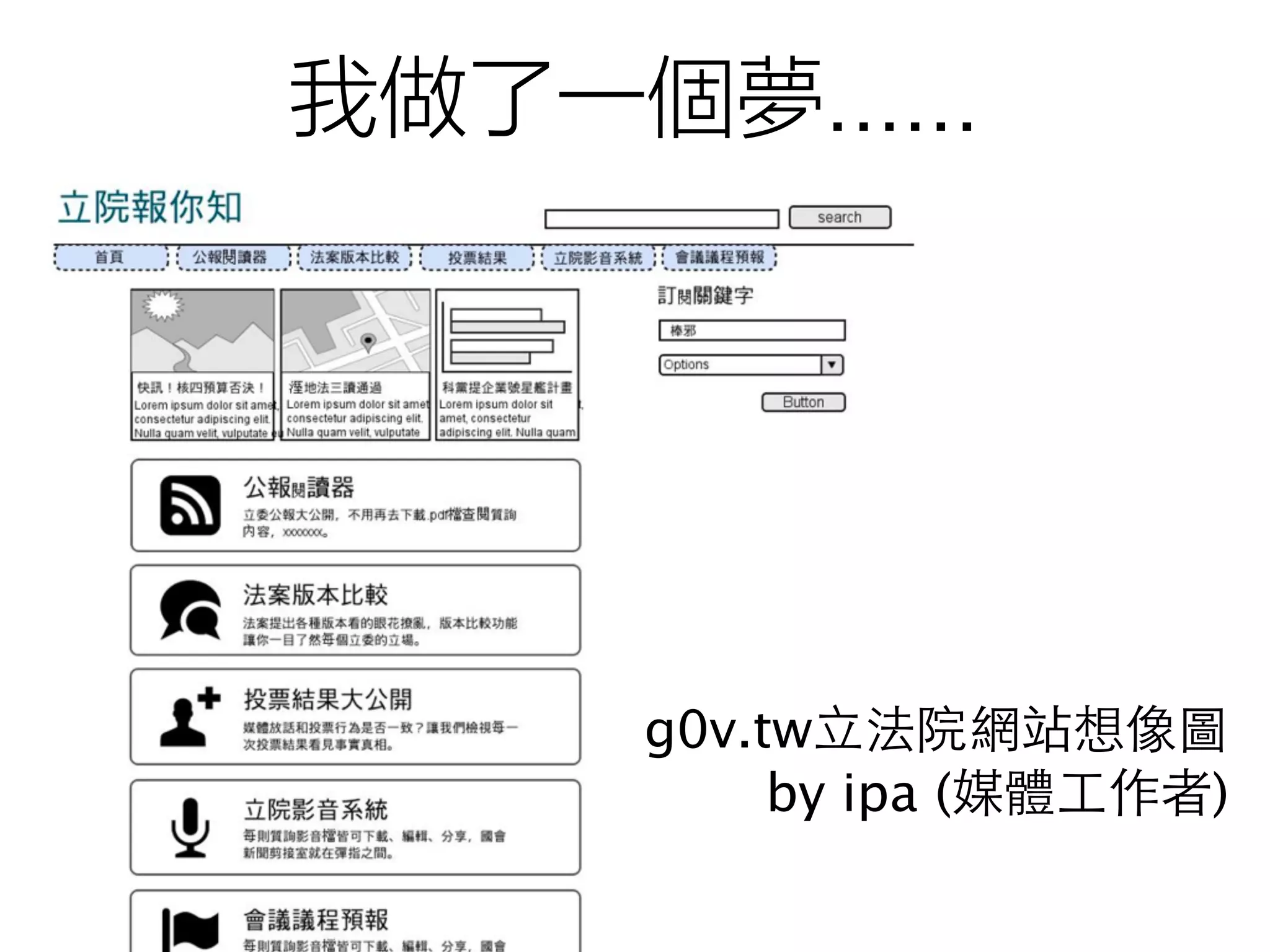 ᆒѵ̜ˍз૪ 
g0v.tw⽴立法院網站想像圖 
by ipa (媒體⼯工作者) 
 