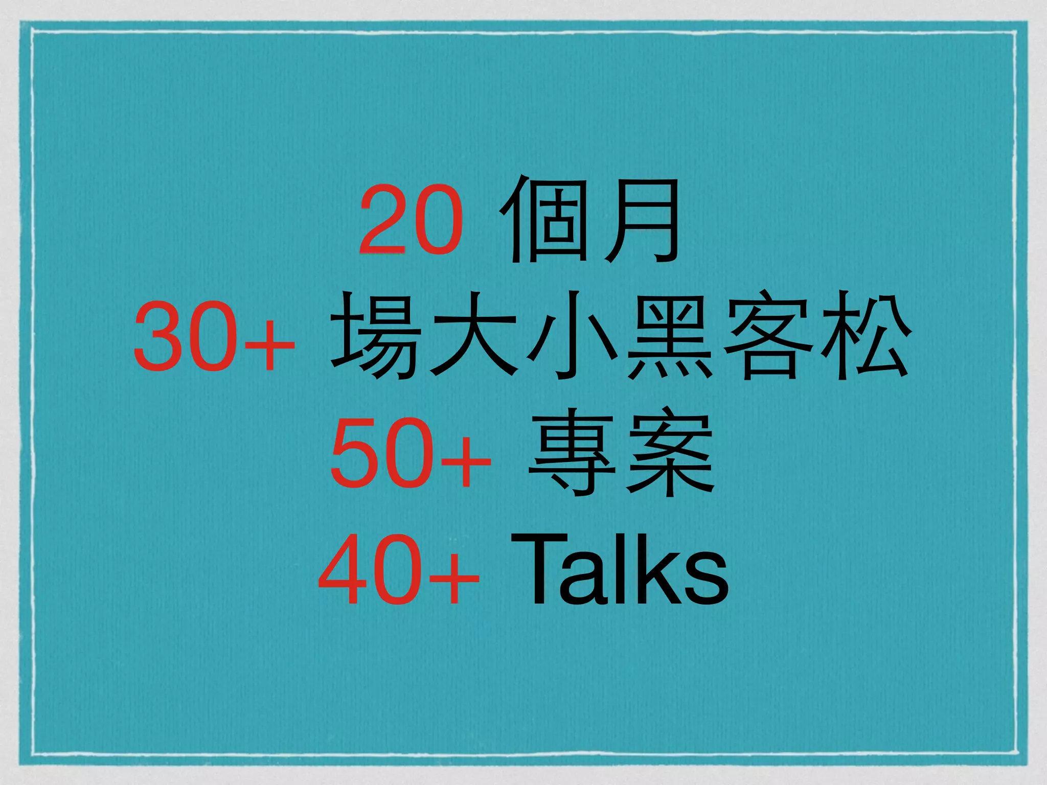 20 個⽉月 
30+ 場⼤大⼩小⿊黑客松 
50+ 專案 
40+ Talks 
 
