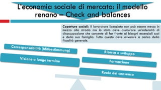 L’economia sociale di mercato: il modello
renano – Check and balances
Coperture sociali: Il lavoratore licenziato non può essere messo in
mezzo alla strada ma lo stato deve assicurare un’indennità di
disoccupazione che consente di far fronte ai bisogni essenziali suoi
e della sua famiglia. Tutto questo deve avvenire a carico della
fiscalità generale.
 