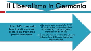 Il Liberalismo in Germania
a) La prima guerra mondiale (1914-
1918), il regime nazionalsocialista
(1933-1945), la seconda guerra
mondiale (1939-1945).
b) È anche la fase in cui il Partito Liberale
Tedesco viene dichiarato illegale dal
regime nazista.
1914-1945: La seconda
fase è la più breve ma
anche la più traumatica
perché comprende:
 