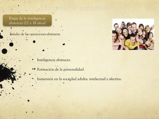 Estructuras cognitivas
Etapa de la inteligencia
abstracta (12 a 18 años)
Estadio de las operaciones abstractas
• Inteligencia abstracta
• Formación de la personalidad
• Inmersión en la sociedad adulta: intelectual y afectiva.
 